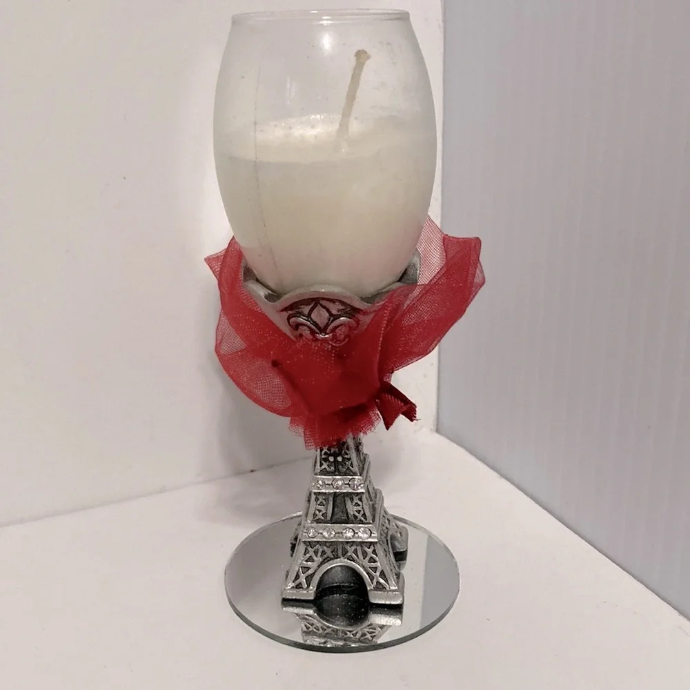 EIFFEL TOWER Wine Glass Candle Holder with Candle and Red Ribbon 4.5 inches